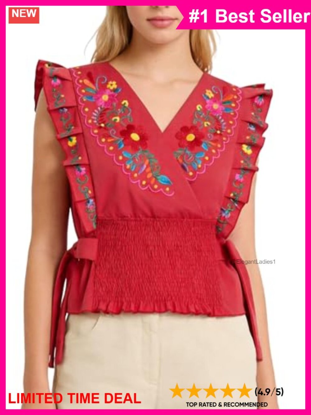 Boho Mexican Embroidered V Neck Ruffle Sleeve Smocked Waist Peasant Blouse